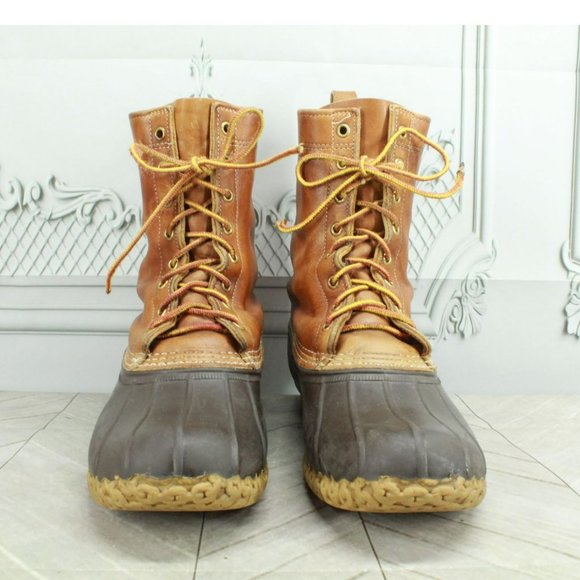 LL Bean Brown Leather Lace Up Round Toe Unlined Mid Calf Duck Boots Size 11 M - Picture 4 of 10